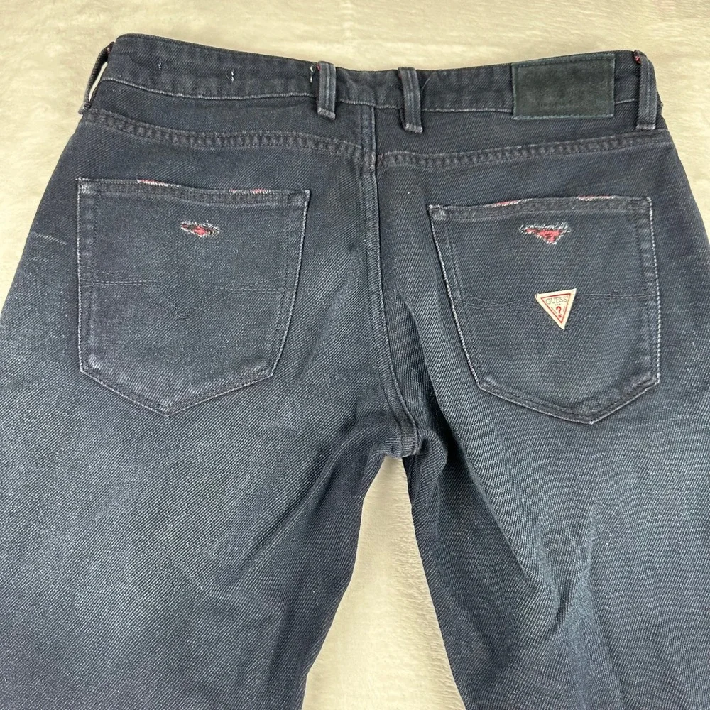 Guess Slim Angels Mens 33x32 Dark Wash Distressed Rip Repair Red Lining Jeans